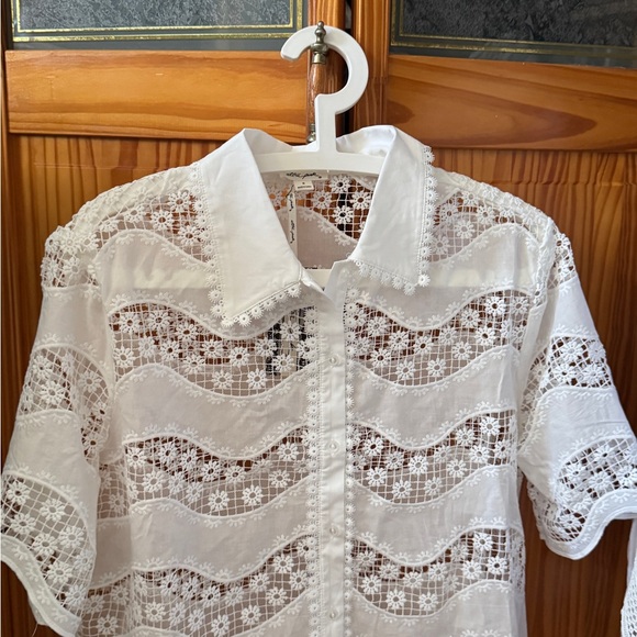 Ultra Pink Dresses & Skirts - Ultra Pink White Lace Eyelet Button-Up Blouse